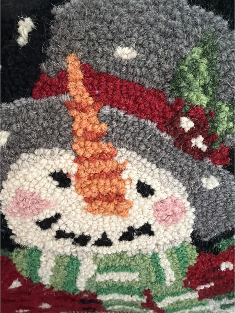 Christmas Winter Throw Pillow Hooked Wool Snowman Farm Country 16x12” Cottage